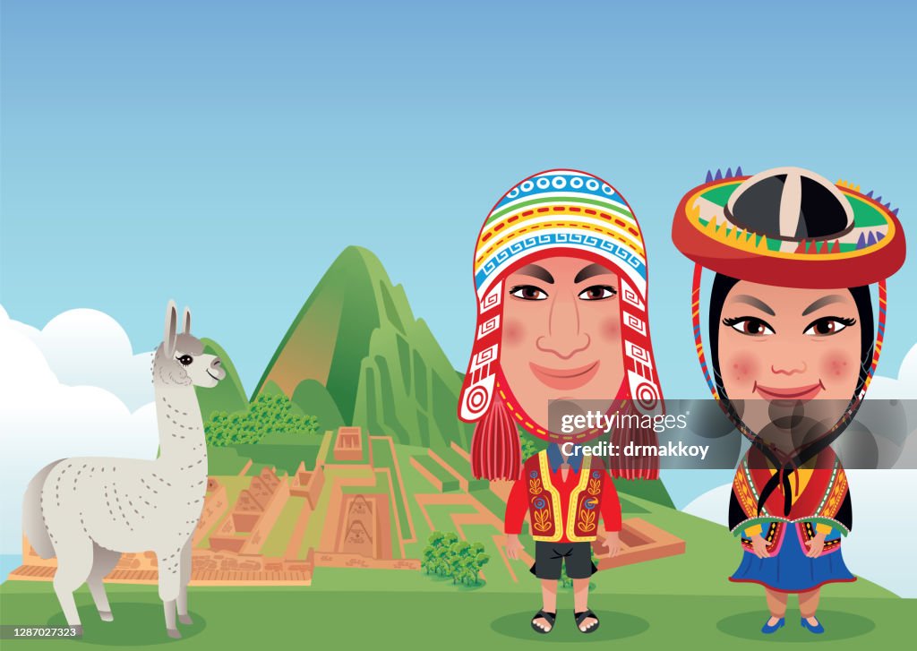 Machu Picchu, Peruvian woman and man