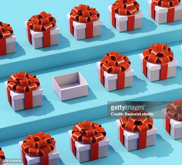 Pattern row of gift boxes with one opened