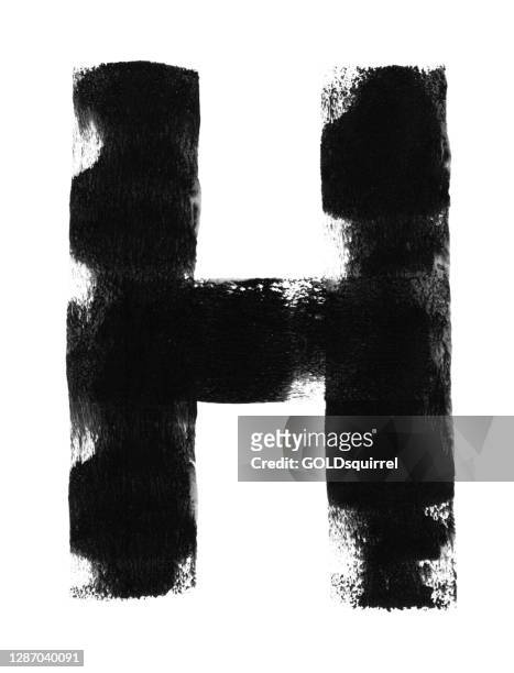 letter h written carelessly by paint roller and thick black acrylic paint - vector illustration with unique details - wide straight lines with uneven and irregular imprints and dirties isolated on white paper background - raw acrylic stock illustrations
