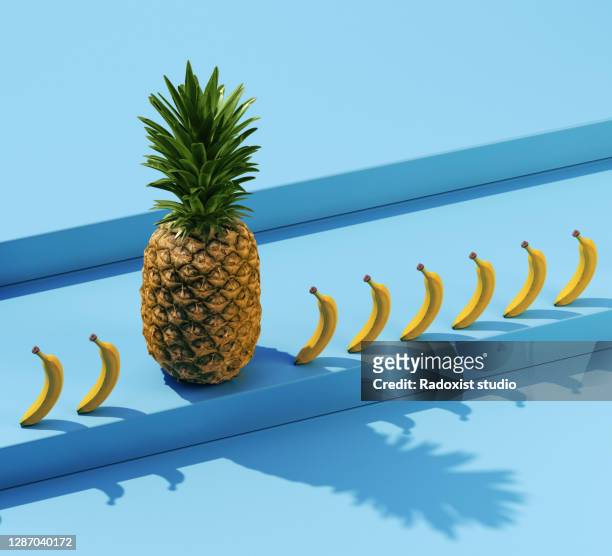 Pineapple with small bananas on stairs 3d realistic illustration