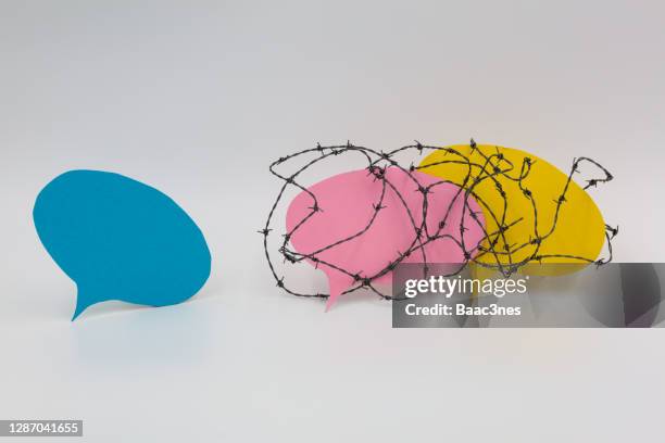 protect the freedom of speech - barbed wire around a speech bubble - censorship imagens e fotografias de stock