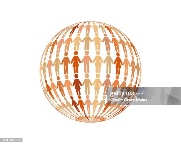 men and women around the world holding hands in unity - people holding hands around globe stock illustrations