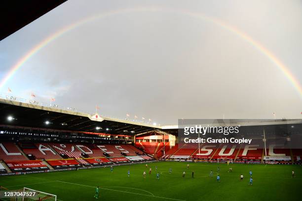General view of play as a rainbow appears during the Premier League match between Sheffield United and West Ham United at Bramall Lane on November...