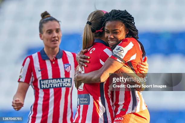 Ludmila Da Silva of Atletico de Madrid celebrates with Deyna Cristina Castellanos Naujenis after scoring her team's second goal during the Primera...