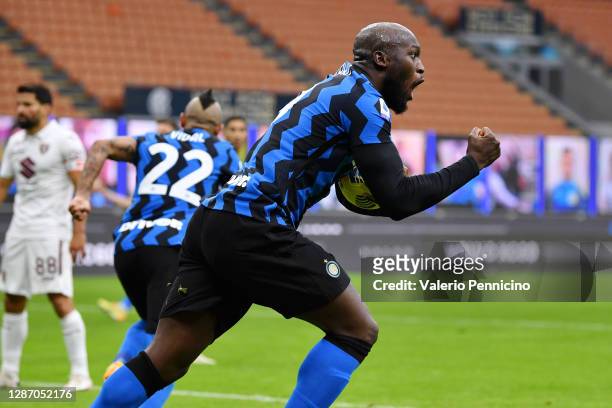 Romelu Lukaku of Inter Milan celebrates after scoring their sides second goal during the Serie A match between FC Internazionale and Torino FC at...