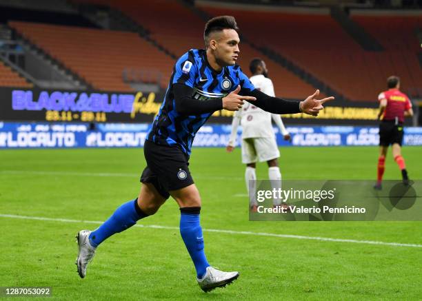 Lautaro Martinez of Inter Milan celebrates after scoring their sides fourth goal during the Serie A match between FC Internazionale and Torino FC at...