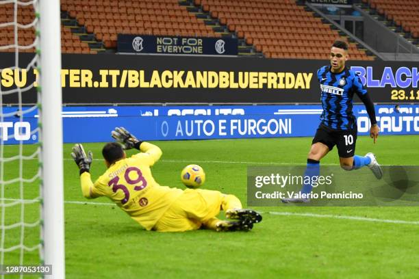 Lautaro Martinez of Inter Milan scores their sides fourth goal past Salvatore Sirigu of Torino during the Serie A match between FC Internazionale and...