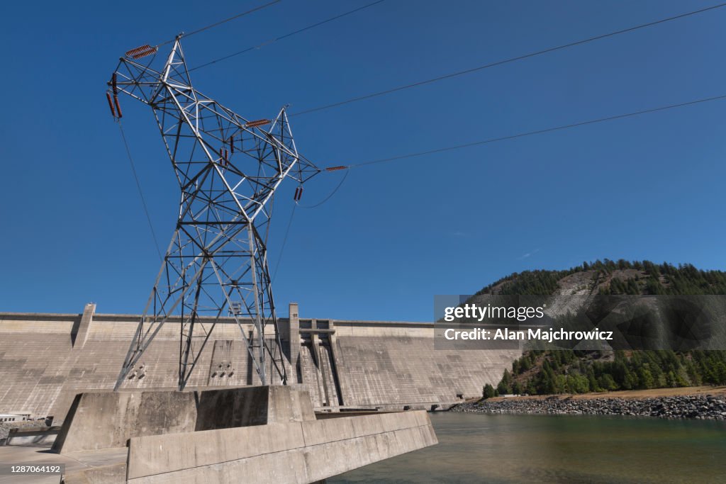 Transmission tower at Libby Dam on the Kootenai River Montana