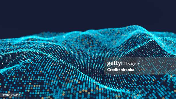 blue landscape of glowing particles - wavy grid pattern stock pictures, royalty-free photos & images