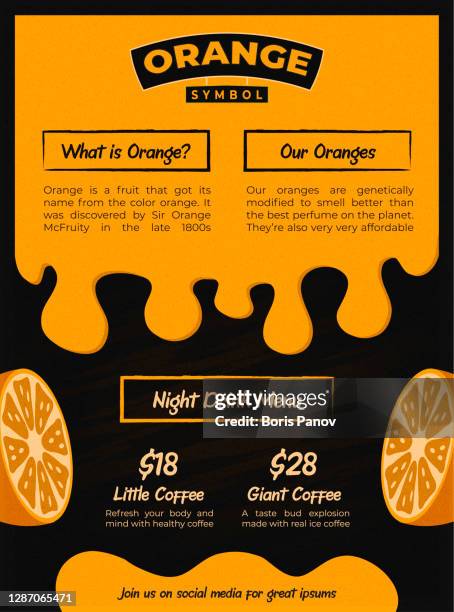 orange smoothie menü für restaurant promo flyer oder poster vorlage in orange und schwarz lebendige farben - konfitüre tropfen stock-grafiken, -clipart, -cartoons und -symbole