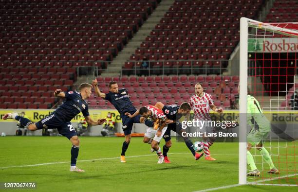 Ellyes Skhiri of 1. FC Koeln scores their sides first goal during the Bundesliga match between 1. FC Koeln and 1. FC Union Berlin at...