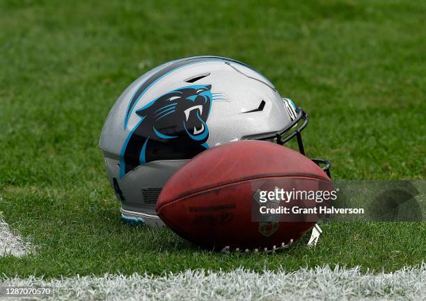 Detailed view of a Carolina Panthers helmet and a football prior to the game between the Carolina Panthers and the Detroit Lions at Bank of America...