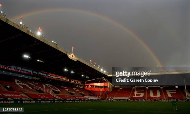 General view of play as a rainbow appears during the Premier League match between Sheffield United and West Ham United at Bramall Lane on November...
