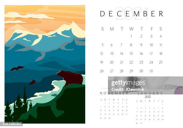 december 2012 scenic landscape calendar pad rocky mountains and lake with bear - canadian wilderness stock illustrations