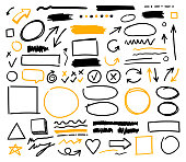 Collection of black and yellow doodle lines, curves, frames and spots. Vector flat illustrations.