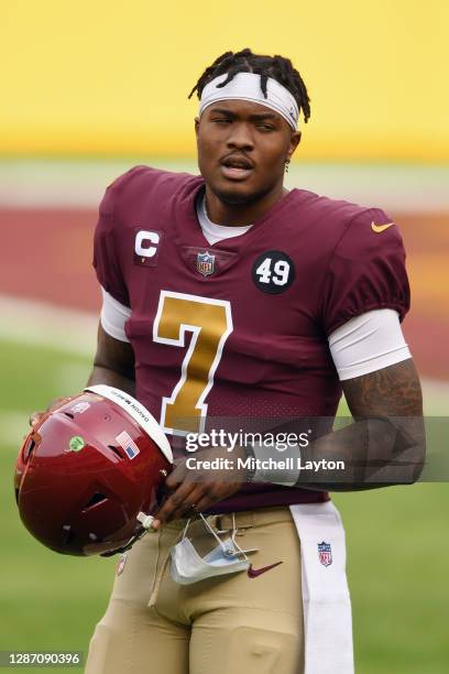 Dwayne Haskins of the Washington Football Team takes a break during the game against the Cincinnati Bengals at FedExField on November 22, 2020 in...