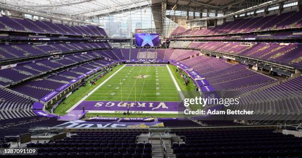 General view of warm ups prior to the game between the Dallas Cowboys and the Minnesota Vikings at U.S. Bank Stadium on November 22, 2020 in...