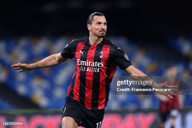Zlatan Ibrahimovic of A.C. Milan celebrates after scoring their team's first goal during the Serie A match between SSC Napoli and AC Milan at Stadio...