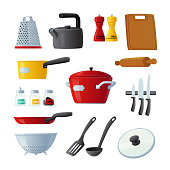 Set of Icons Kitchenware and Utensils Cooking Pan, Turner, Rolling Pin and Cutting Board, Kettle, Knives and Grater