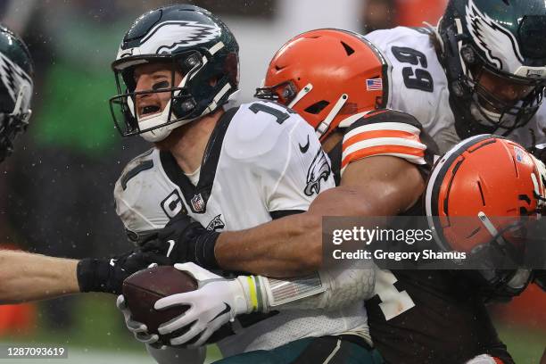 Olivier Vernon of the Cleveland Browns sacks Carson Wentz of the Philadelphia Eagles during the second half at FirstEnergy Stadium on November 22,...