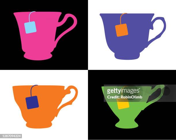 illustrazioni stock, clip art, cartoni animati e icone di tendenza di quattro tazze da tè colorate con bustine di tè - tazza da tè