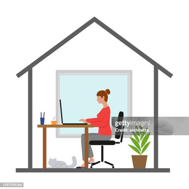 woman working from home - house side view illustration stock illustrations