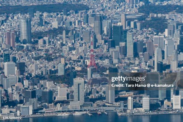 city buildings in tokyo of japan aerial view from airplane - minato stock pictures, royalty-free photos & images