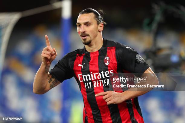 Zlatan Ibrahimovic of A.C. Milan celebrates after scoring their team's second goal during the Serie A match between SSC Napoli and AC Milan at Stadio...