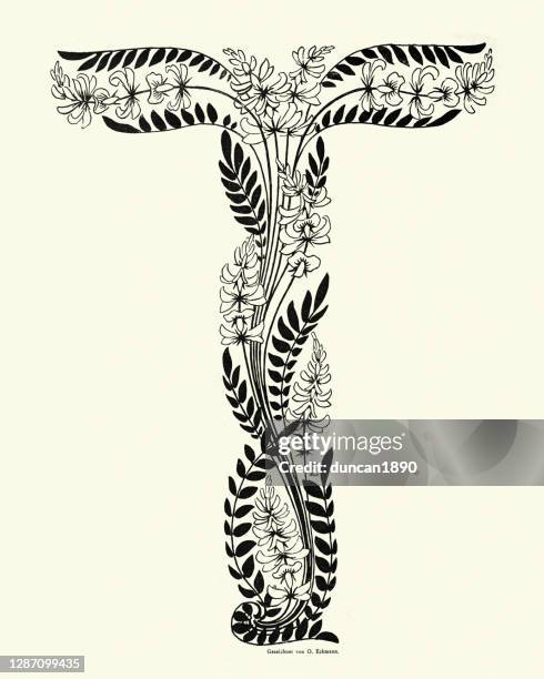 floral pattern design in the shape of a capital letter t - t stock illustrations