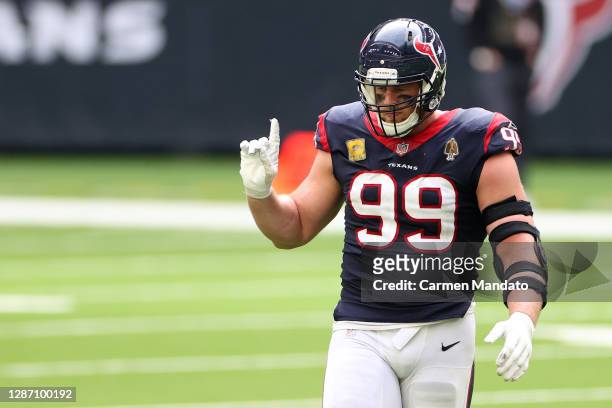 Watt of the Houston Texans reacts following a play in the fourth quarter during their game against the New England Patriots at NRG Stadium on...