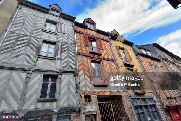 rennes, old half-timbered houses in rue saint-michel. - rennes france stock pictures, royalty-free photos & images