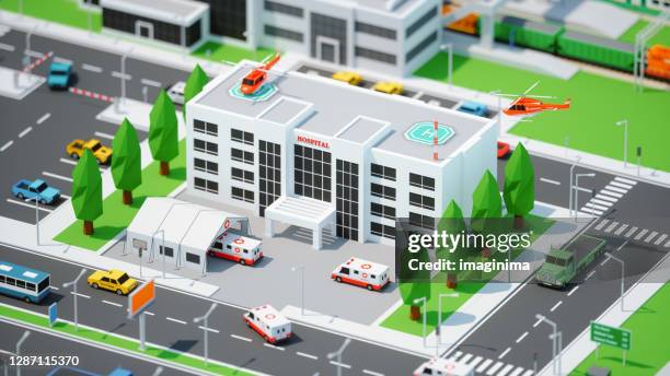belebtes krankenhaus mit corona virus zelt im miniatur-stil low-poly-stadt - isometric city stock-fotos und bilder