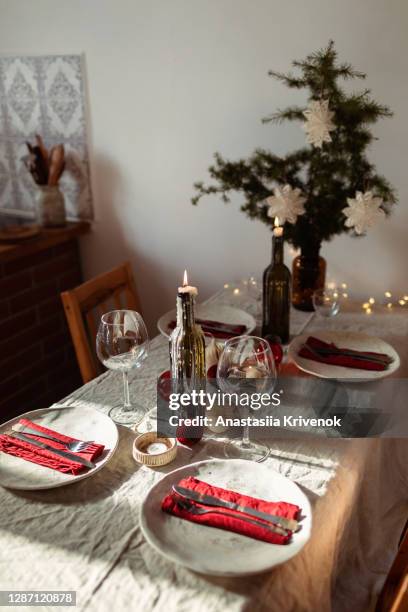 beautiful table setting for christmas dinner. - pottery candle holders stock pictures, royalty-free photos & images