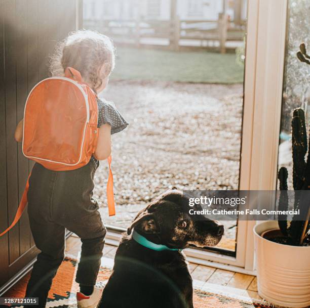 little girl leaves the house wearing a backpack while her dog looks on as she leaves. - neben stock-fotos und bilder