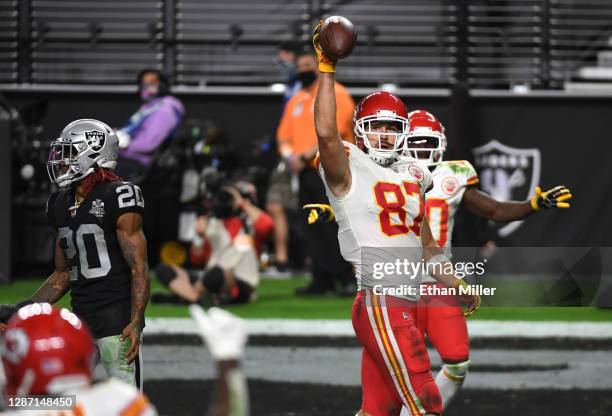 Tight end Travis Kelce of the Kansas City Chiefs looks on after a game winning touchdown reception during the second half of an NFL game as...