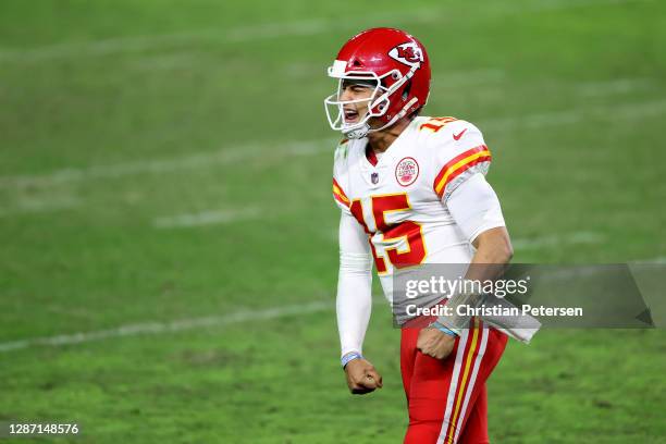 Quarterback Patrick Mahomes reacts after a game-winning touchdown pass to tight end Travis Kelce of the Kansas City Chiefs during the second half of...