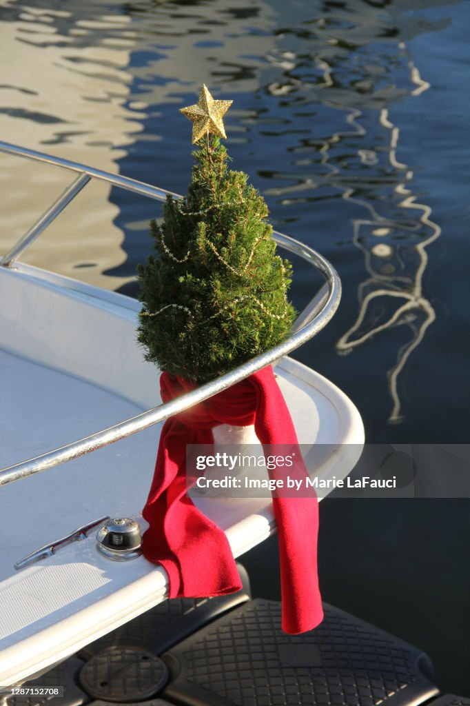 Christmas tree on the bow of a boat