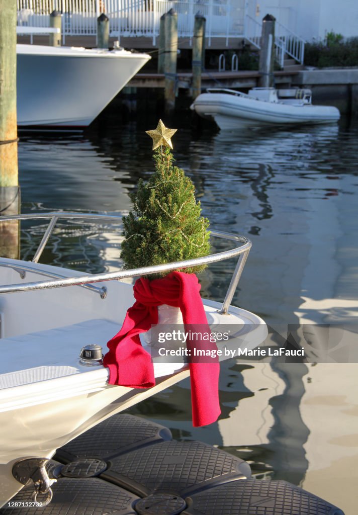 Christmas tree on the bow of a boat in a marina
