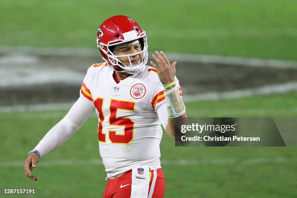 Quarterback Patrick Mahomes of the Kansas City Chiefs reacts after an interception during the NFL game against the Las Vegas Raiders at Allegiant...