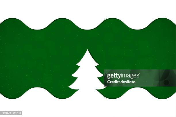 vibrant dark green coloured creative merry christmas and new year festive glittering vector backgrounds, with one white xmas coniferous tree over small hillocks or waves pattern - coniferous stock illustrations