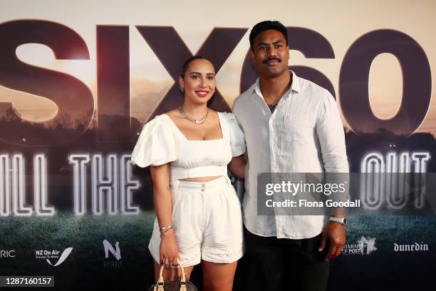 Julian Savea and his wife Fatima Savea attends the Auckland premiere of SIX60: Till The Lights Go Out at The Civic on November 23, 2020 in Auckland,...