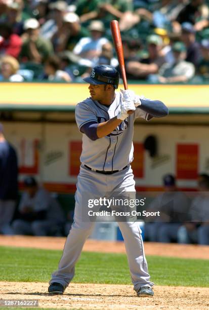 Carlos Peña of the Tampa Bay Devil Rays bats against the Oakland Athletics during an Major League Baseball game May 21, 2008 at the Oakland-Alameda...