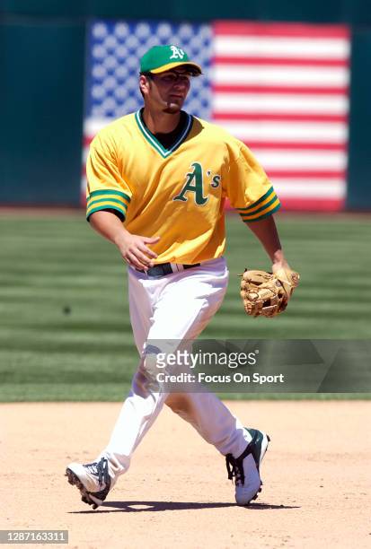 Eric Chavez of the Oakland Athletics reacts to make a play on the ball against the Chicago White Sox during an Major League Baseball game July 17,...