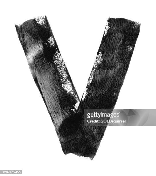 big letter v painted carelessly by paint roller and thick black acrylic paint on white background - vector illustration with amazing unique details - uneven and irregular imprints, paint dilution and dirties - stock illustration - letter v stock illustrations