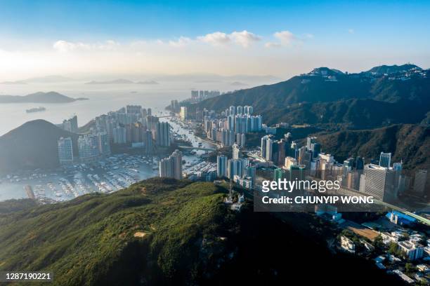 aerial view residential district in aberdeen and ap lei chau of hong kong - hongkong stock pictures, royalty-free photos & images