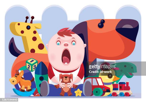 überrascht baby sitzen mit spielzeug - spielzeugauto stock-grafiken, -clipart, -cartoons und -symbole