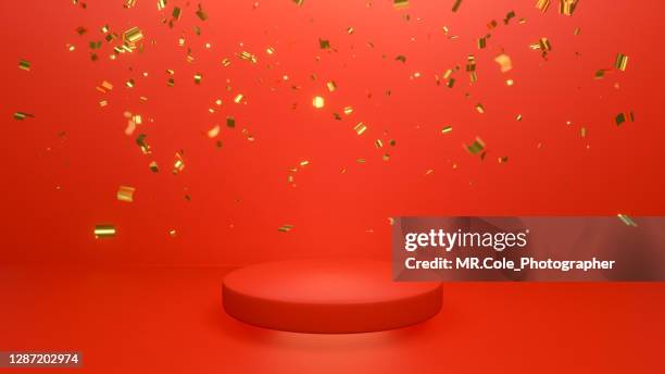 3d rendered gold colored confetti and red stage podium on the floor, mock up design for advertising - carnaval réjouissances photos et images de collection