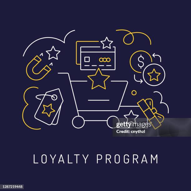 loyalty program concept, modern line art icons background. linear style vector illustration. - rewards program stock illustrations