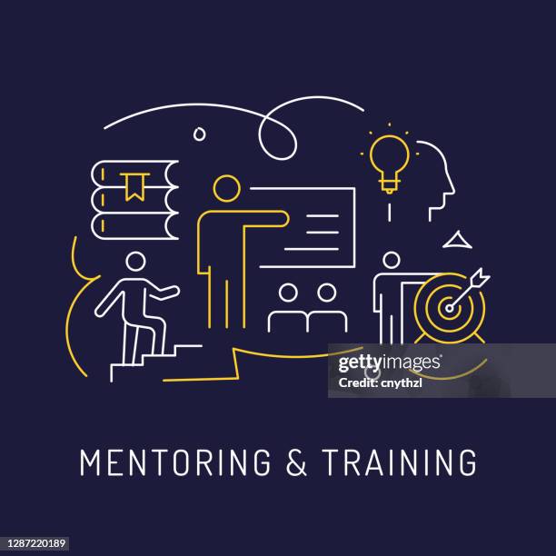 ilustraciones, imágenes clip art, dibujos animados e iconos de stock de mentoring and training concept, modern line art icons background. ilustración vectorial de estilo lineal. - clase de formación