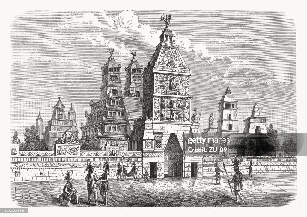 Great Teocalli of Tenochtitlan, Aztec capital, wood engraving, published in 1893